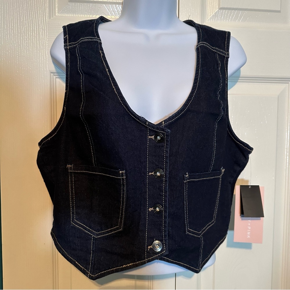Celebrity Pink Dark Blue Denim Vest with Button Front‎ NWT MEDIUM
